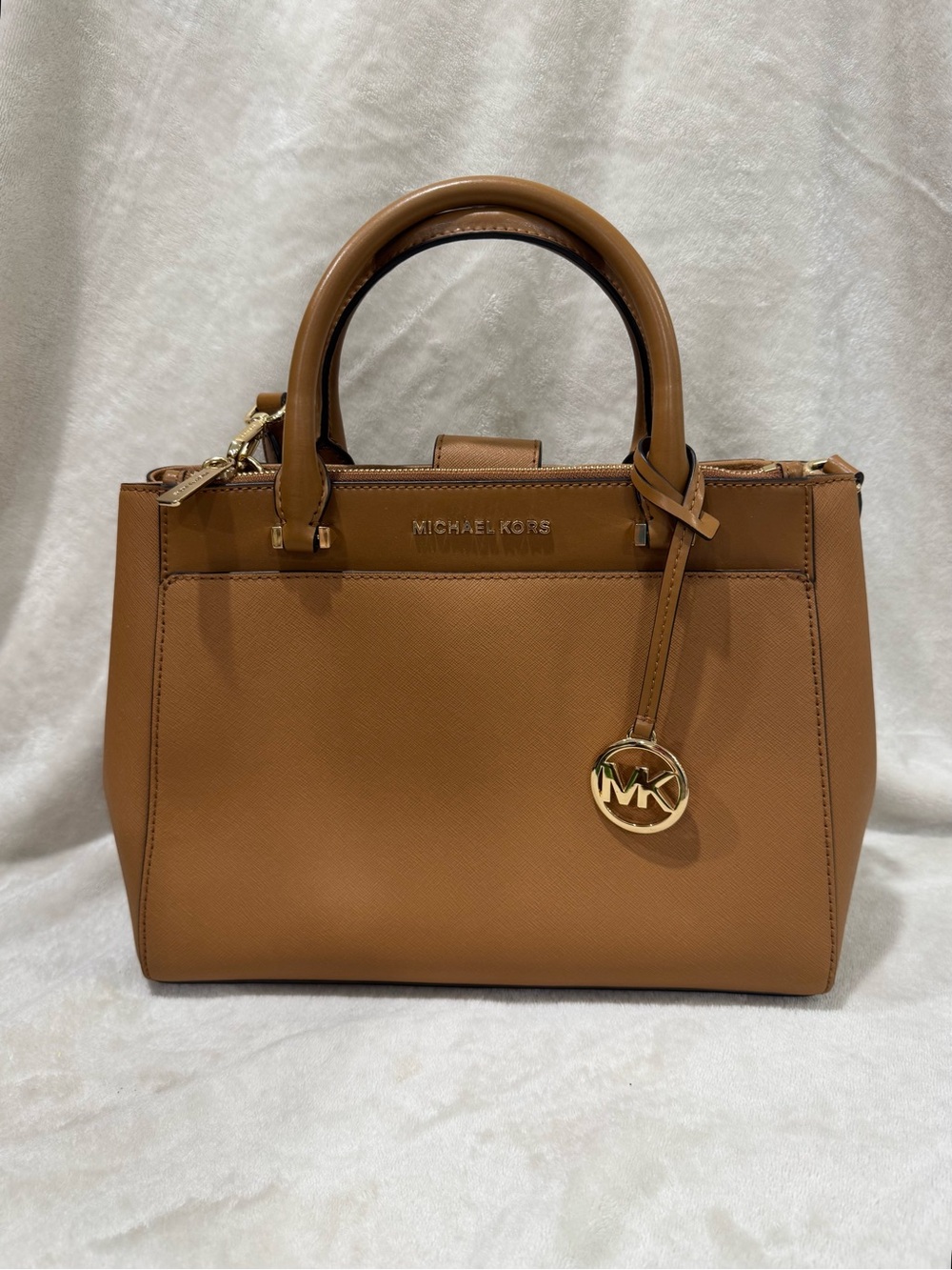 Michael Kors Gibson Camel Saffiano Leather Satchel with Gold Hardware